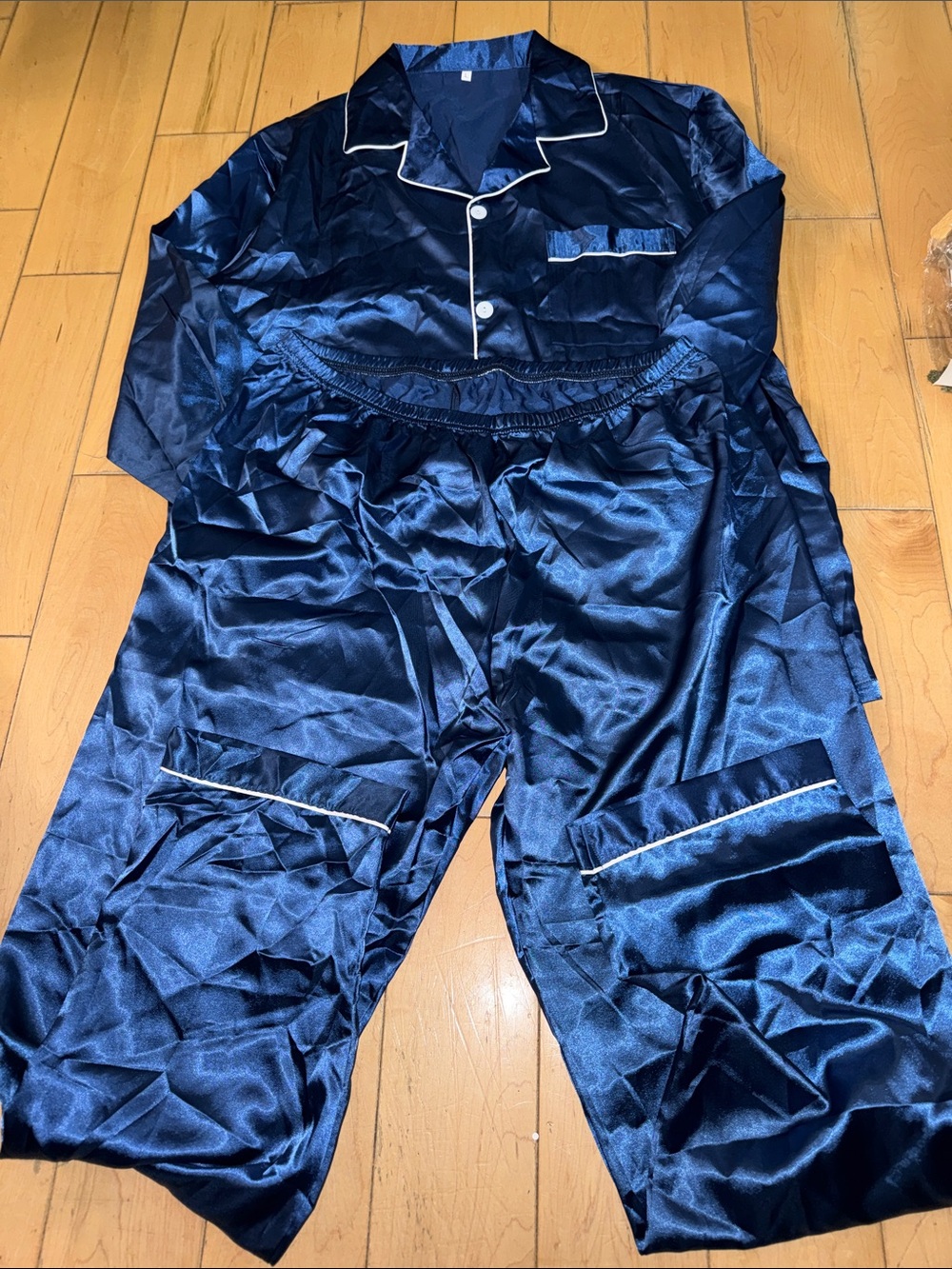 Women's Navy Satin Pajama Set with Contrast Piping